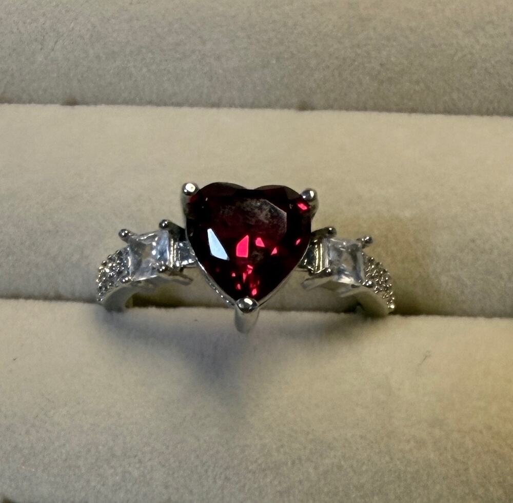 Ruby Heart Silver Tone Adjustable Ring with Anti-Tarnish Finish